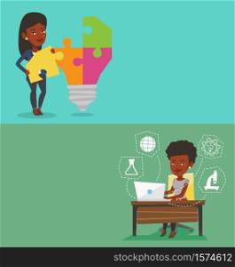 Two educational banners with space for text. Vector flat design. Horizontal layout. Student standing near the idea bulb. Student takes apart idea light bulb made of puzzle. Student having a great idea. Two educational banners with space for text.