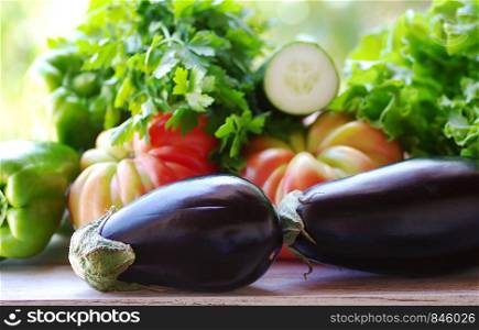 two eggplants and vegetables on the table