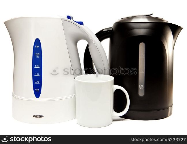 two electric tea kettle on a white background and a mug