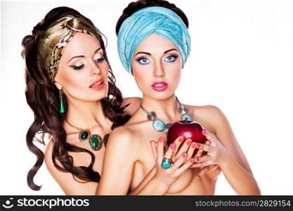 Two Embracing Naked Women with Red Apple - Performance