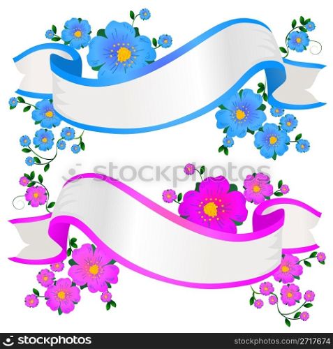 Two empty floral banners in pink and blue colors