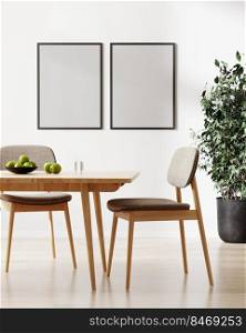 two empty frames mockup, stylish room interior with table and chairs, green plant, 3d rendering