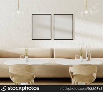 Two empty poster frames above light beige sofa in cafe with round coffee tables and chairs, 3d rendering