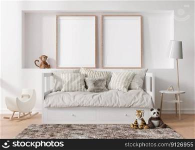 Two empty verticalπcture frames on white wall in modernχld room. Mock up∫erior in scandinavian sty≤. Free,©space for yourπcture. Bed, toys. Cozy room for kids. 3D rendering. Two empty verticalπcture frames on white wall in modernχld room. Mock up∫erior in scandinavian sty≤. Free,©space for yourπcture. Bed, toys. Cozy room for kids. 3D rendering.