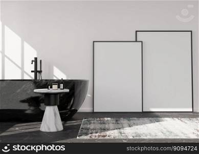 Two empty vertical picture frames in modern bathroom. Mock up interior in contemporary style. Free space for picture, poster. Bath, table, carpet. 3D rendering. Two empty vertical picture frames in modern bathroom. Mock up interior in contemporary style. Free space for picture, poster. Bath, table, carpet. 3D rendering.