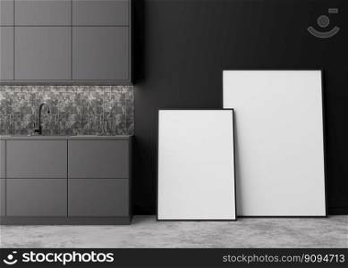 Two empty vertical picture frames in modern kitchen. Mock up interior in contemporary style. Free space for picture, poster. Black kitchen furniture, concrete floor. 3D rendering. Two empty vertical picture frames in modern kitchen. Mock up interior in contemporary style. Free space for picture, poster. Black kitchen furniture, concrete floor. 3D rendering.