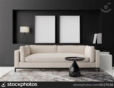 Two empty vertical picture frames on black wall in modern living room. Mock up interior in contemporary style. Free space for picture, poster. Sofa, table, carpet. 3D rendering. Two empty vertical picture frames on black wall in modern living room. Mock up interior in contemporary style. Free space for picture, poster. Sofa, table, carpet. 3D rendering.