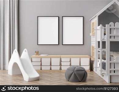 Two empty vertical picture frames on gray wall in modern child room. Mock up interior in contemporary, scandinavian style. Free, copy space for picture. Bed, toys. Cozy room for kids. 3D rendering. Two empty vertical picture frames on gray wall in modern child room. Mock up interior in contemporary, scandinavian style. Free, copy space for picture. Bed, toys. Cozy room for kids. 3D rendering.