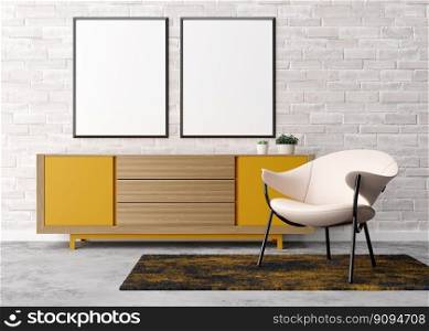 Two empty vertical picture frames on white brick wall in modern living room. Mock up interior in contemporary style. Free space for picture, poster. Armchair, yellow sideboard, plants. 3D rendering. Two empty vertical picture frames on white brick wall in modern living room. Mock up interior in contemporary style. Free space for picture, poster. Armchair, yellow sideboard, plants. 3D rendering.