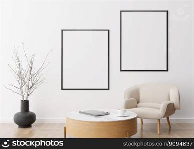 Two empty vertical picture frames on white wall in modern living room. Mock up interior in contemporary style. Free space for picture, poster. Armchair, table, vase. 3D rendering. Two empty vertical picture frames on white wall in modern living room. Mock up interior in contemporary style. Free space for picture, poster. Armchair, table, vase. 3D rendering.
