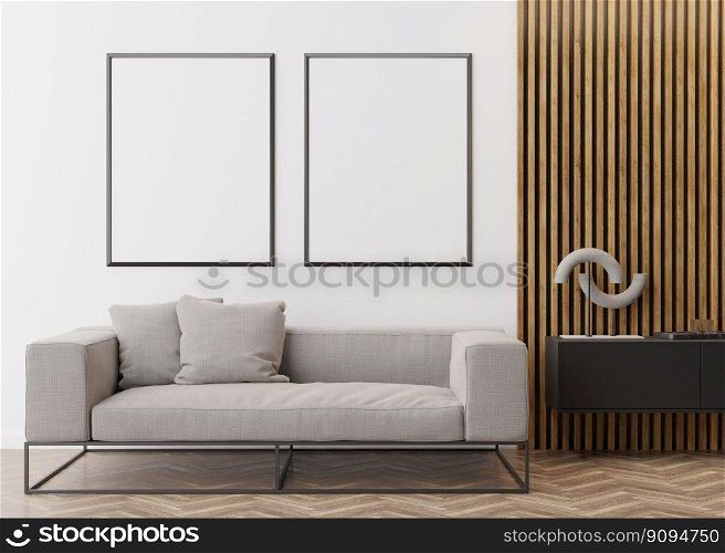 Two empty vertical picture frames on white wall in modern living room. Mock up interior in contemporary style. Free space for picture, poster. Sofa, console, sculpture, parquet floor. 3D rendering. Two empty vertical picture frames on white wall in modern living room. Mock up interior in contemporary style. Free space for picture, poster. Sofa, console, sculpture, parquet floor. 3D rendering.