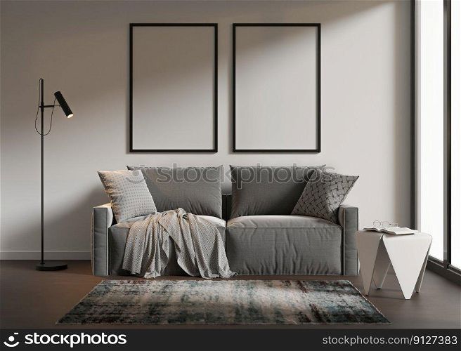Two empty vertical picture frames on white wall in modern living room. Mock up interior in contemporary, scandinavian style. Copy space for picture, poster. Sofa, table, carpet, l&. 3D rendering. Two empty vertical picture frames on white wall in modern living room. Mock up interior in contemporary, scandinavian style. Copy space for picture, poster. Sofa, table, carpet, l&. 3D rendering.