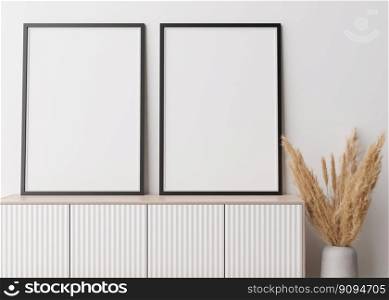 Two empty vertical picture frames standing on wooden sideboard. Mock up interior in contemporary style. Free space for picture, poster. Console, vase with p&as grass. 3D rendering. Two empty vertical picture frames standing on wooden sideboard. Mock up interior in contemporary style. Free space for picture, poster. Console, vase with p&as grass. 3D rendering.