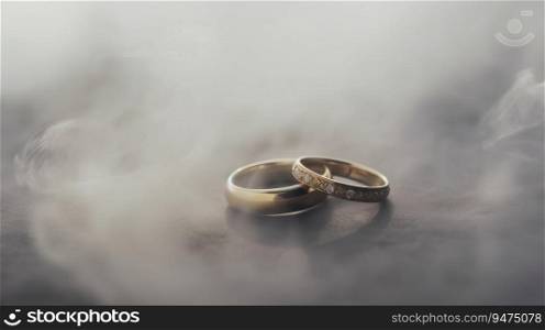 Two engagement wedding ceremonial gem rings, cloudy white smoky background. Close up, greeting card. Header banner mockup with copy space. AI generated.. Two engagement wedding ceremonial gem rings, cloudy white smoky background. AI generated.