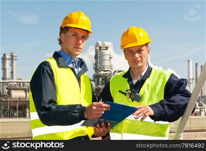Two engineers, wearing reflective clothing and a hard hat, looking up from the note board they have been discussing