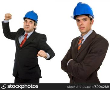 two engineers with blue hat, isolated on white