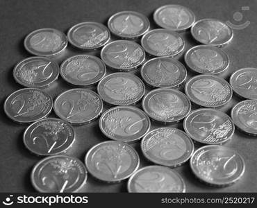 Two Euro coins money (EUR), currency of European Union in black and white. 2 Euro coins, European Union in black and white