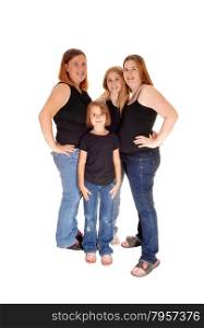 Two family&rsquo;s, two mothers and two daughters standing isolated, all injeans, for white background.