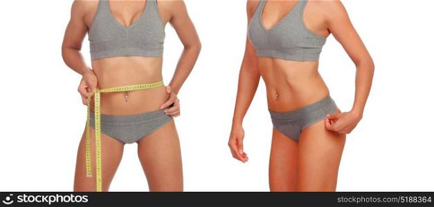 Two female bodies with tape measure in underwear isolated on white