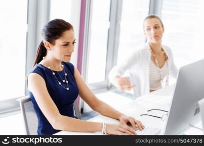 Two female colleagues in office. Two female colleagues working together in office