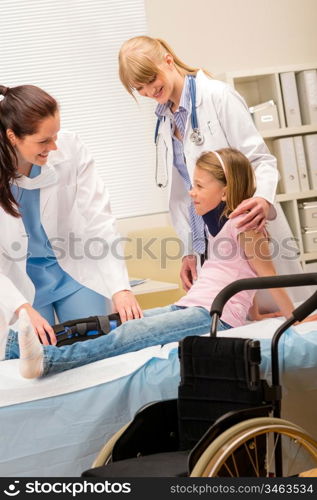 Two female doctors examine broken leg little girl wheelchair