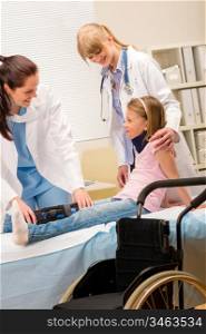 Two female doctors examine broken leg little girl wheelchair