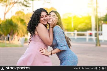 Two female friends hugging in front outdoors, girl friends hugging and enjoying life, women friendship concept