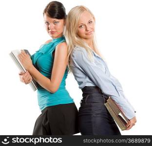 two female girl student in nice dress carrying book back to back and looking in camera