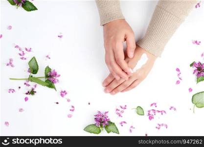 two female hands and a thick cream, top view, concept of anti-aging procedures for rejuvenating and moisturizing the skin of hands