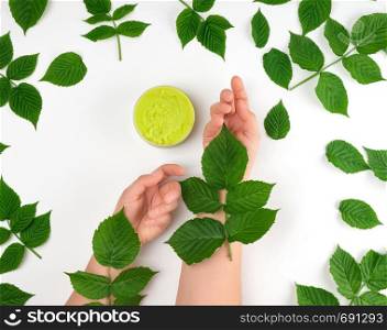 two female hands of a young girl with smooth skin and round jar with cream, white background with green leaves of raspberry, concept of spa treatments for the skin
