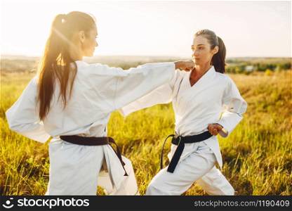 Two female karate with black belts fight in summer field. Martial art fighters on workout outdoor, technique practice. Two female karate with black belts fight in field