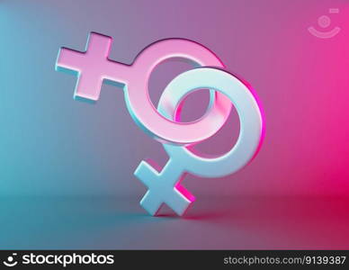 Two female sex symbols with neon light. Venus symbol for women. Gender sign. Love, LGBT community. Lesbians couple, relationship. Diversity, homosexuality, equal marriage. 3D rendering. Two female sex symbols with neon light. Venus symbol for women. Gender sign. Love, LGBT community. Lesbians couple, relationship. Diversity, homosexuality, equal marriage. 3D rendering.