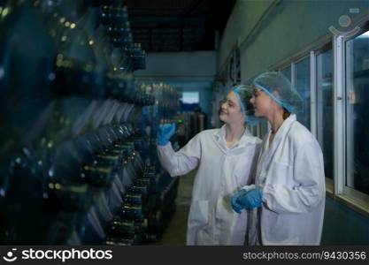 Two female workers in white coats standing at the drinking water factory with bottles of water