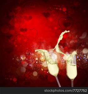 Two festive ch&agne glasses on red bokeh background. Two ch&agne glasses