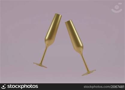 Two Flying golden champagne cups for The New Year. 3d render