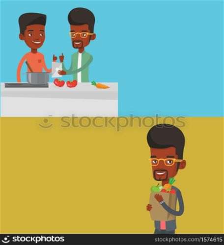 Two food banners with space for text. Vector flat design. Horizontal layout. Young smiling african man holding shopping bag full of groceries. Happy man holding grocery shopping bag with healthy food.. Two food and drink banners with space for text.