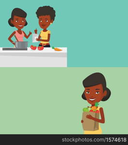 Two food banners with space for text. Vector flat design. Horizontal layout. African-american women following recipe for healthy vegetable meal on digital tablet. Young women cooking healthy meal.. Two food and drink banners with space for text.