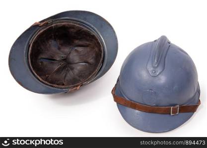 two french military helmet of the First World War on the white background