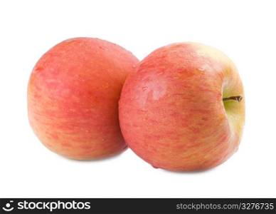 Two fresh apple with drops back to back on white background
