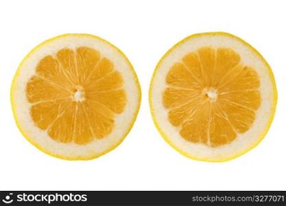 Two fresh lemon halves on white background.