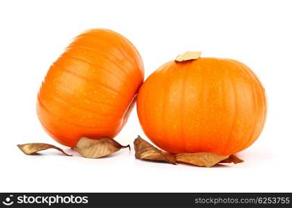 Two fresh pumpkins isolated on white with dry leaves