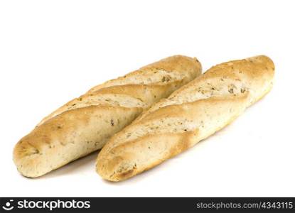 two freshly baked baguettes on white background