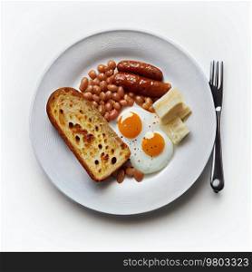 Two Fried Eggs 2 Sausages Canned Beans. Illustration AI Generative 