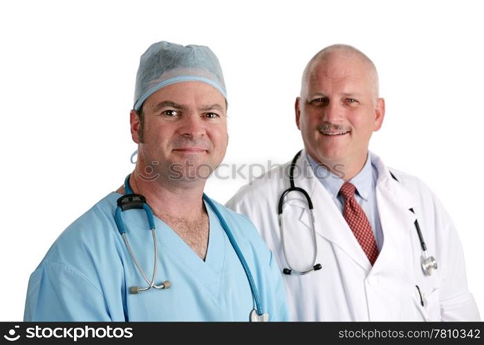 Two friendly doctors isolated on white.