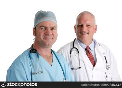 Two friendly doctors isolated on white.