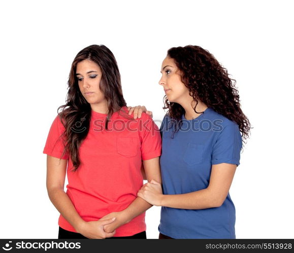 Two friends asking forgiveness isolated on white background