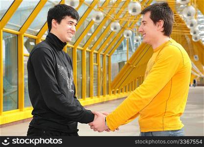 two friends handshaking on the footbridge