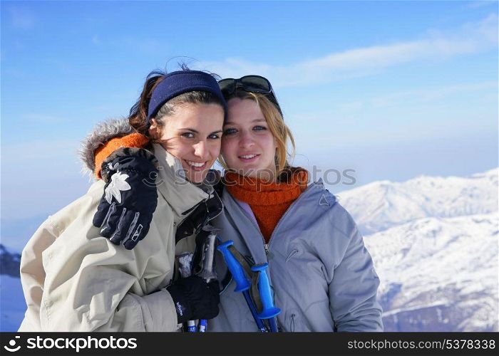 Two friends on skiing trip