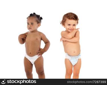 Two funny babies in diaper isolated on a white background