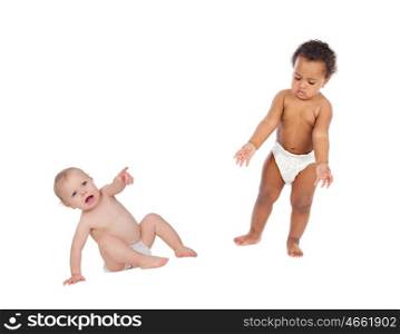 Two funny babies isolated of a white background